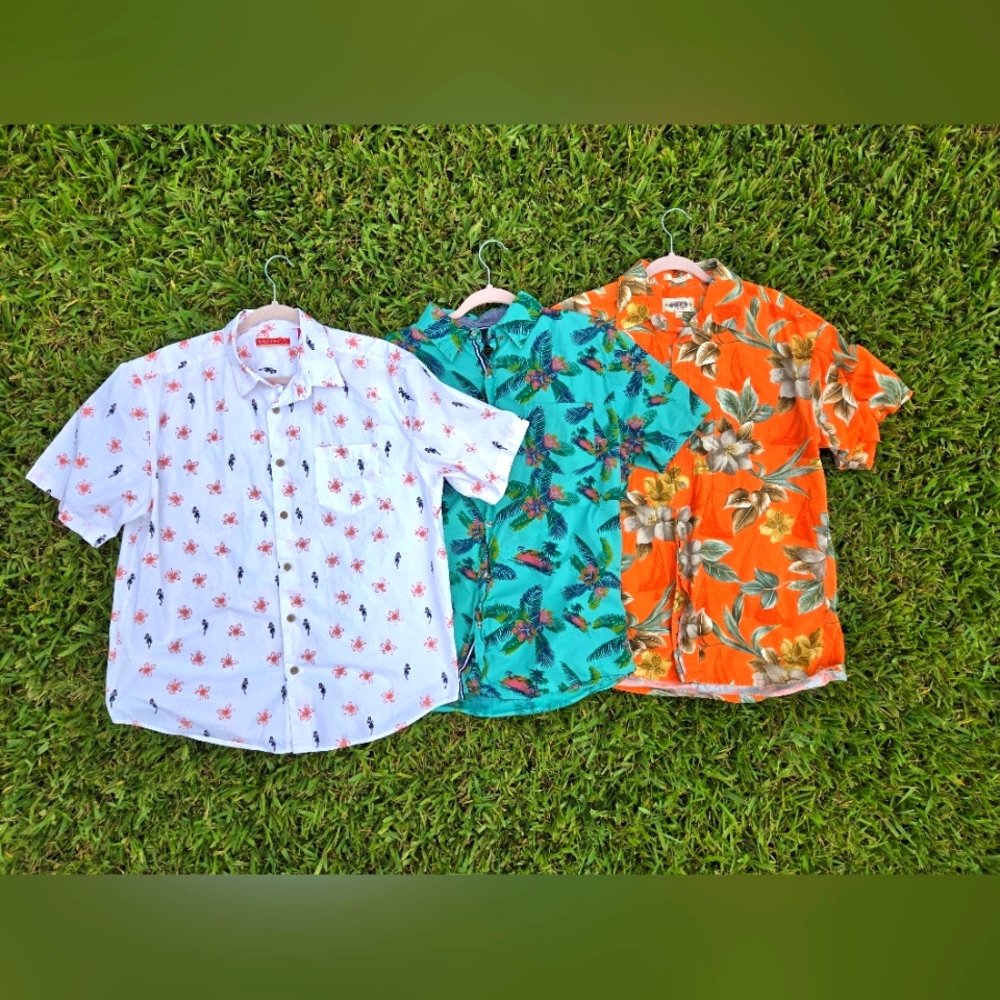 EUC Tropical Mens Shirt Set - White, Green, Orange - L - Hawaiian Shirts